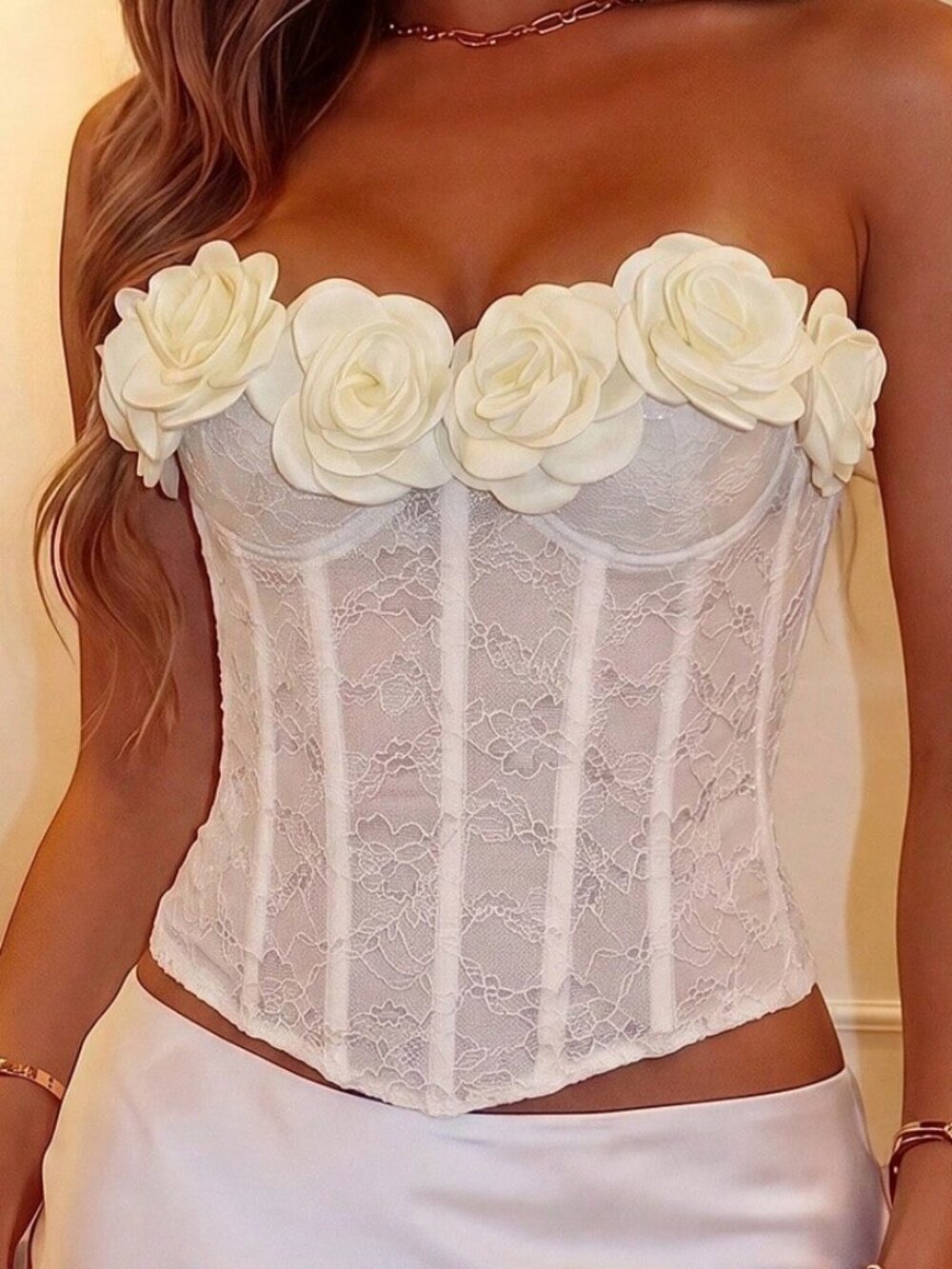 Apricot Elegant Women's 3d Floral Decor Lace Patchwork Camisole Top - Picture 5 of 5
